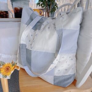 Patchwork Poplin Upcycled Cotton Shirt Reworked Oversized Slouchy Maxi Tote Bag